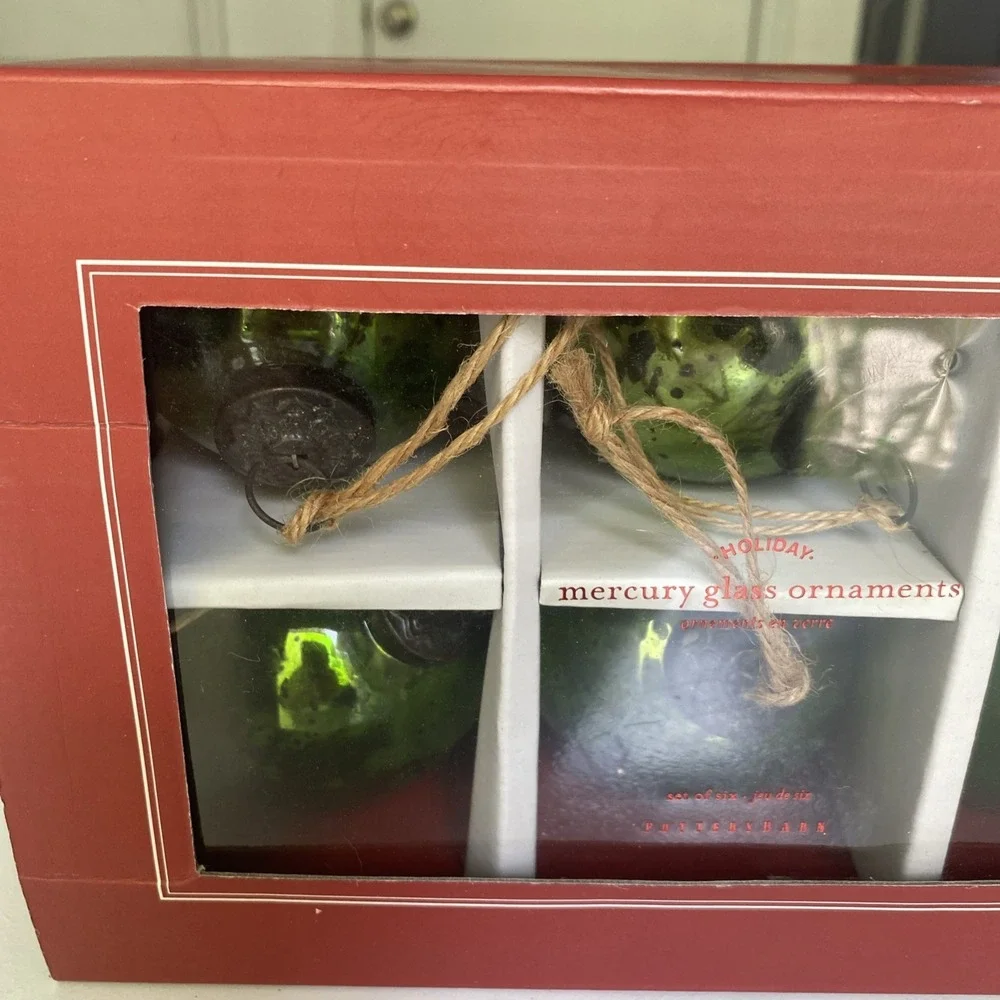 Pottery Barn Mercury Glass Ball Ornaments Set of 6 Green w/ Box